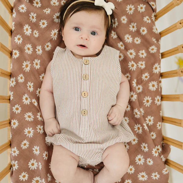 Camel-White Stripe Linen Bubble Romper