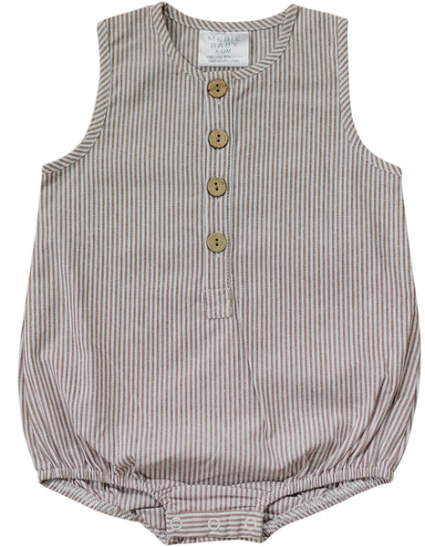 Camel-White Stripe Linen Bubble Romper
