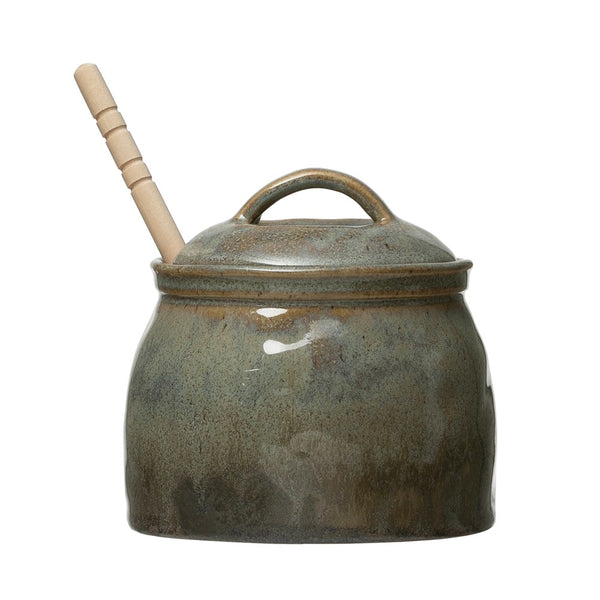 Stoneware Honey Jar w/ Wood Honey Dipper