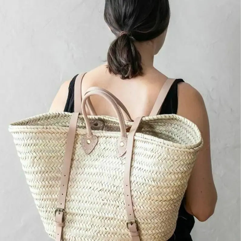 Handmade leather, French Market Basket Backpack Brown Color Leather Straps & Handles
