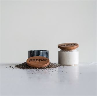 Round Marble Salt & Pepper Pot w/ Wood Lid